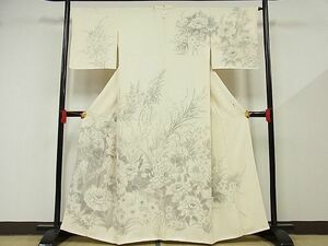 平和屋-こころ店■訪問着　作家物　手描き　刺繍　孔雀花文　着丈160.5cm　裄丈66cm　正絹　逸品　B-np9704