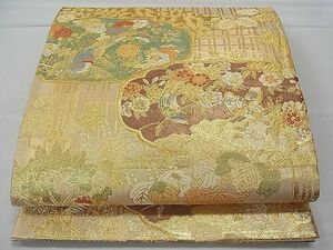 平和屋1■六通柄袋帯　尾長鳥草花文　金糸　逸品　1yc1025