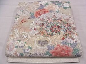 平和屋1■太鼓柄袋帯　綴れ　束ね熨斗花文　金銀彩　逸品　fb9828