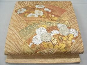 平和屋1■太鼓柄袋帯　駒刺繍　地紙草花文　金銀彩　引箔　逸品　1yc0938