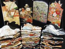 平和屋■1円 黒留袖 まとめて50点 鳳凰 鶴 孔雀 尾長鳥 風景 薔薇 花柄 手描き 駒刺繍 金彩 など 未使用品あり 全て正絹 se900_画像1