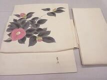 平和屋1■塩瀬　つけ帯　作家物　手描き　枝椿　逸品　ut5847_画像1