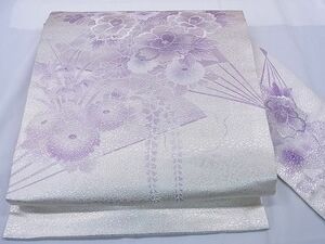 平和屋1■九寸名古屋帯　刺繍　扇面草花文　銀糸　逸品　ev1386