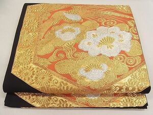 平和屋1■六通柄袋帯　唐織　亀甲尾長鳥花文　黒地　金銀糸　逸品　kb2513