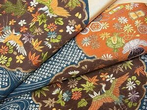 平和屋野田店■袋帯　総刺繍　駒刺繍　流水雪輪宝尽くし花鳥文　金銀糸　逸品　n-gh4245