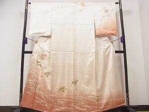 平和屋1■京都の和装業の老舗一門　千切屋　訪問着　駒刺繍　流水扇面草花文　暈し染め　金彩　反端付き　逸品　hy9500