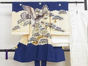 平和屋1■男の子　祝着　産着　初着　長襦袢セット　のしめ　お宮詣り　駒刺繍　鷹　枝松風景文　金彩　逸品　ze6638