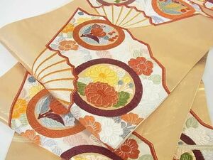 平和屋2■六通柄袋帯　唐織　扇面吉祥花文　金糸　逸品　az5984