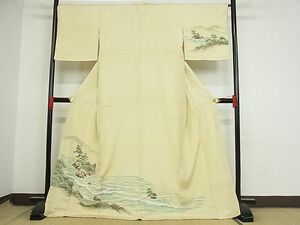 平和屋-こころ店■訪問着　手描き　紬地　浜松文　ロング丈　着丈172cm　裄丈67cm　正絹　逸品　1B-np151