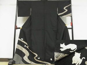 平和屋-こころ店■訪問着　紬地　型染め　流水文　猫　黒地　着丈169cm　裄丈69.5cm　正絹　逸品　B-zg7155