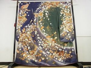 平和屋-こころ店■豪華振袖　駒刺繍　地紙草花文　暈し染め　金銀彩　西武百貨店扱い　着丈161.5cm　裄丈65cm　正絹　逸品　A-ja4727