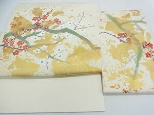 平和屋2■塩瀬　つけ帯　手描き　枝梅文　金彩　逸品　ox3900