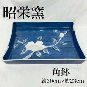 昭栄窯 角鉢 大皿 角皿 約30cm×約23cm 椿 ツバキ つばき 絵皿 コバルトブルー 藍色 青色系和皿 和柄 和食器 （E1182）