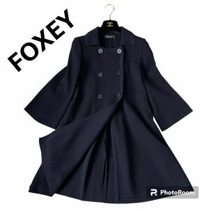 美品 FOXEY フォクシー ニットピケ 現行タグ ダブル Aラインコート ワッフル系素材 38 Mサイズ ネイビー コート