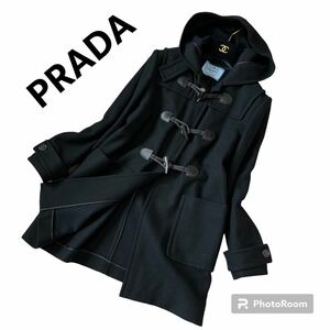 【美品】PRADA プラダ ダッフルコート 希少 40 Lサイズ フード 黒 ブラック イタリア製 レディース