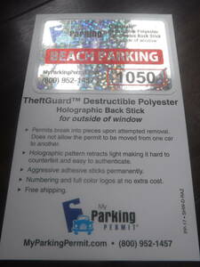 ◆新品U.S.駐車許可書【BEACH PARKING】サンプル/ビーチ用 Destructible Polyester反射ホログラムステッカー＠外張タイプ限定出品◆