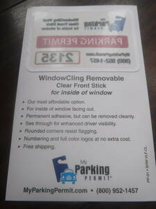 ◆新品U.S.駐車許可書【Parking Permit】サンプルステッカー＠内張タイプ限定出品◆