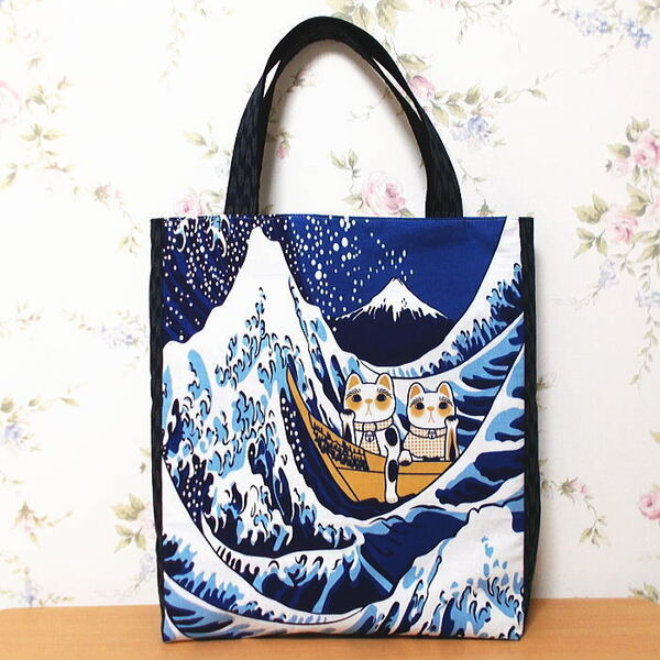 和柄 大きめトートバッグ 波富士 浮世絵 招き猫 ハンドメイド ショルダーバッグ エコバッグ 帆布 にゃんこ
