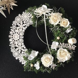 ハンドメイド＊クリスマスリース＊スノーフレークリース＊プリザーブドフラワー＊薔薇、ヒムロスギ＊ホワイト④