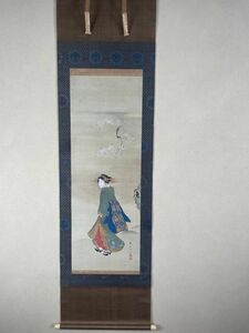 Art hand Auction 【肉筆浮世絵】詳細不明 如羊山人 絹本 極細密 桜花美人画 浮世絵師 B43オ, 絵画, 日本画, 人物, 菩薩