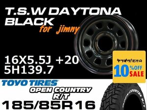 新型 ジムニー ホイール TSW デイトナブラック 16X5.5J+20 TOYO OPEN COUNTRY R/T 185/85R16 タイヤセット JB64 JB23などに