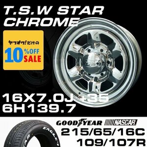 スター 16インチ タイヤホイールセット 4本 TSW STAR クローム 16X7J+35 6穴139.7 GOODYEAR ナスカー 215/65R16C