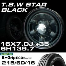 スター 16インチ タイヤホイールセット 4本 TSW STAR ブラック 16X7J+35 6穴139.7 GOODYEAR E-GRIP EG01 215/60R16_画像2