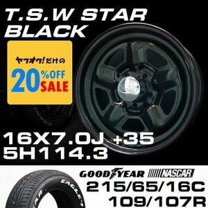 特価 TSW STAR ブラック 16X7J+35 5穴114.3 GOODYEAR ナスカー 215/65R16C ホイールタイヤ4本セット (ハイエース/ハイラックス)