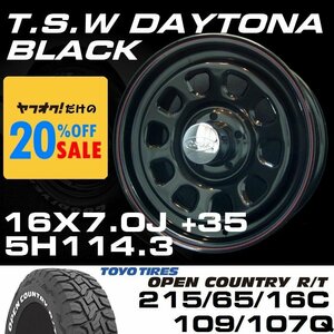 特価 TSW DAYTONA ブラック 16X7J+35 5穴114.3 TOYO OPEN COUNTRY R/T ホワイトレター 215/65R16C 4本セット (ハイエース/ハイラックス)