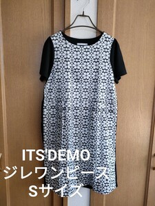 ITS'DEMO 花柄 コットンレース 膝丈 ジレ 半袖 ワンピース 黒 白 S