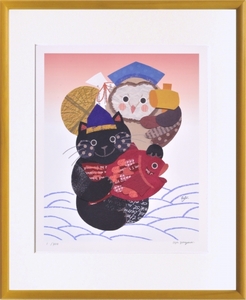 Art hand Auction ジークレー版画 額装絵画 米澤彩 ｢恵比寿猫と大黒ふくろう｣ 四ッ切, 美術品, 版画, その他