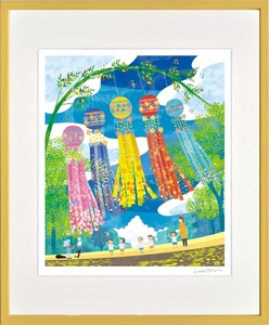 Art hand Auction Impression giclée peinture encadrée par Tatsuo Hari Sendai City Tanabata Festival coupée en quatre morceaux, ouvrages d'art, imprimer, autres