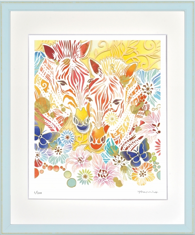 Giclée-Druck, gerahmtes Gemälde, Tomomi Hiraishi, Blumen und Zebras, 4-Schnitt, Kunstwerk, Drucke, Andere