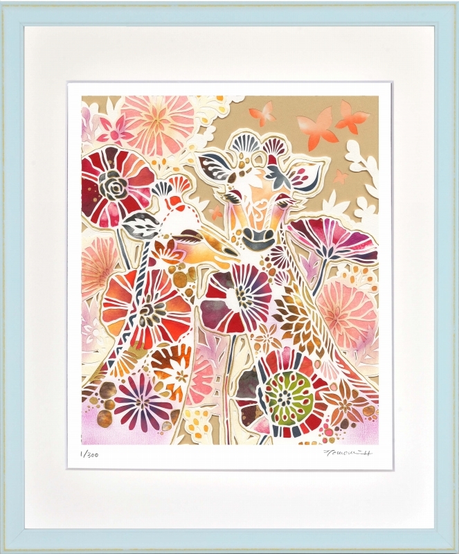 Impression giclée, peinture encadrée, Tomomi Hiraishi, Fleurs et girafes, 4 coupes, Ouvrages d'art, Impressions, autres