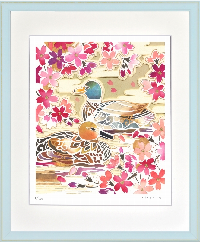 Картина в рамке с принтом жикле Томоми Хираиси «Дрейфующий в цвету сакуры», разрезанная на четыре части, произведение искусства, Распечатать, другие