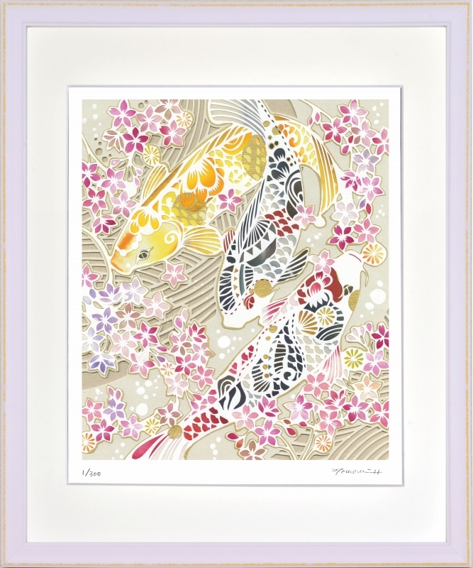 Impresión giclée, pintura enmarcada, Tomomi Hiraishi, Estanque de koi y flores de cerezo 4 cortes, Obra de arte, Huellas dactilares, otros