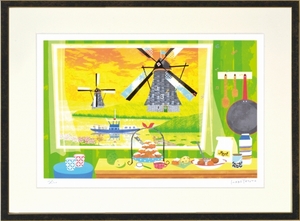 ジークレー版画 額装絵画 はりたつお作 「オランダの食卓」 三三