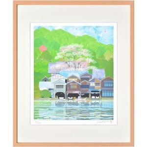 Art hand Auction Impresión giclée, pintura enmarcada, Cobertizos para botes y cerezos en flor de Kyoto Ine de Tatsuo Hari, juego de 4 piezas, Obra de arte, Huellas dactilares, otros