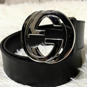 ①1円〜【美品・人気デザイン】GUCCI グッチ belt ベルト メンズ GGインターロッキング シルバーバックルブラックレザー