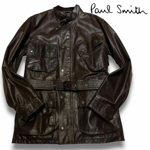 【極上品】XLサイズ PS Paul Smith 羊革 ラムレザー レザージャケット ライダースジャケット ベルト コート ウール チェック カーコート 