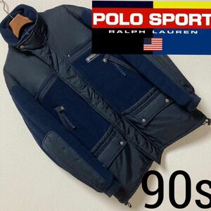 90s■POLO SPORT ラルフローレン■フリースナイロン ロングジャケット L ネイビー ハーフコート エルボーパッチ ヴィンテージ オールド