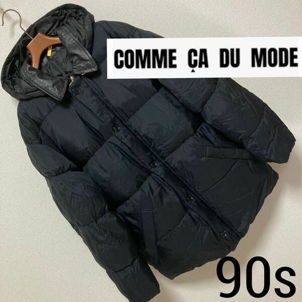 90s■コムサデモード■本革 レザー襟 ダウン ハーフコート ジャケット フリー 黒 ブラック riri社ジッパー COMME CA DU MODE Vintage