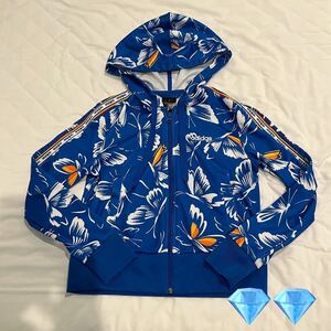 美品 アディダス パーカー ジップアップ バタフライ柄 蝶 ブルー S adidas