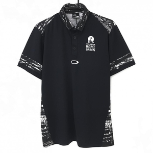 【超美品】オークリー 半袖ポロシャツ 黒×白 二重襟 一部柄 メンズ L ゴルフウェア Oakley