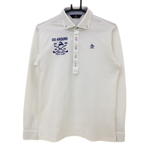 【美品】マンシングウェア 長袖ポロシャツ 白×ブルー 襟、袖内側ストライプ ボタンダウン メンズ M ゴルフウェア Munsingwear