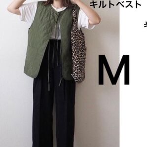 新品●Amistaキルティングリボンベスト カーキ 濃黄緑 Mサイズ omi
