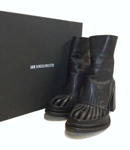 ANN DEMEULEMEESTER Ann Demeulemeester design heel boots shoes shoes back Zip black leather ITALY made lady's 38 (ma)