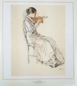 小磯良平「バイオリンを弾く婦人」印刷複製画　 シートのみ　長期保管品　中古