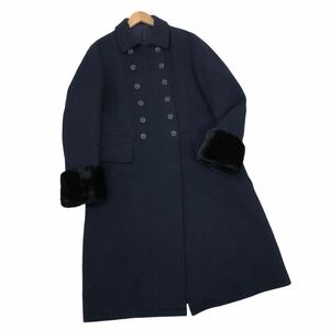 ※m-28 Y’s ワイズ ヨウジヤマモト ダブルボタン ロングコート 袖口 ファー コート 上着 羽織り アウター ネイビー レディース 日本製