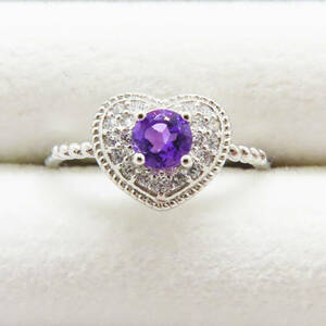 新品　アメジスト　ラウンドカット　紫水晶　指輪　リング　925　ダイヤモンド　シルバー　天然石　宝石　ヴィンテージ　ハート